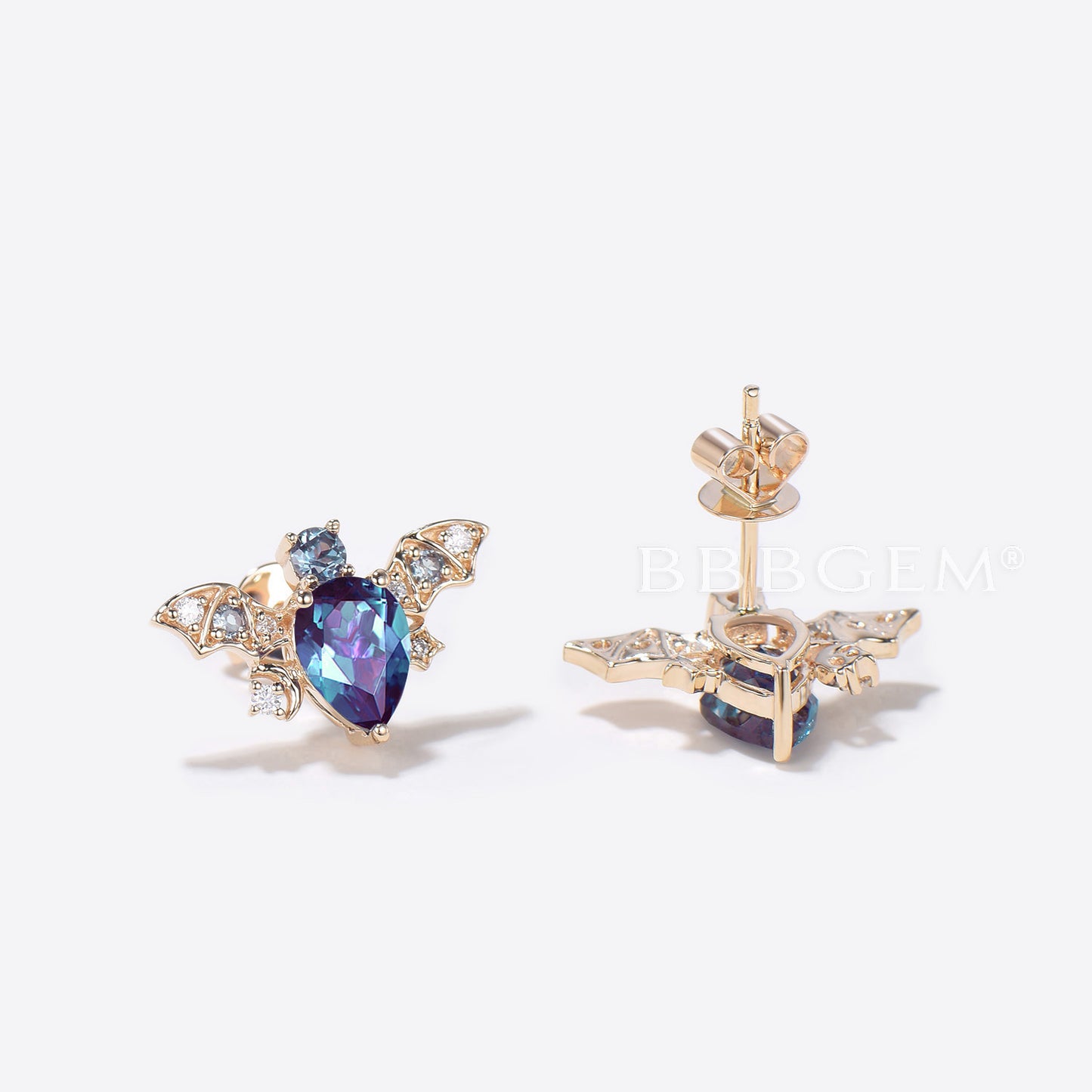 Pear Alexandrite Stud Earrings Moon Star Design Bat Earrings