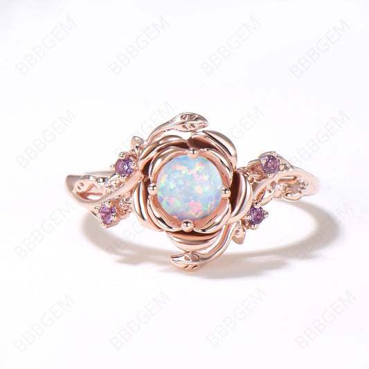 Floral Round White Opal Engagement Ring Rose Flower Fire Opal Wedding Ring Twig Leaf Amethyst Promise Ring October Birthstone Jewelry