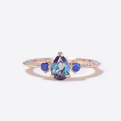 Pear Shaped Alexandrite Engagement Ring Blue Sapphire Cluster Ring