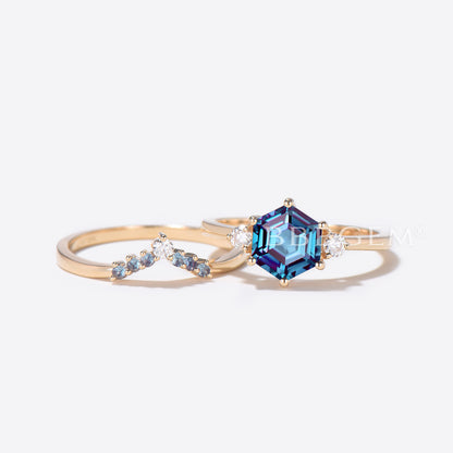 Hexagon Cut Alexandrite Engagement Ring 10k Gold 2pcs Bridal Set