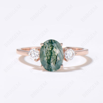 Moss Agate Engagement Ring Gold Cluster Bridal Set