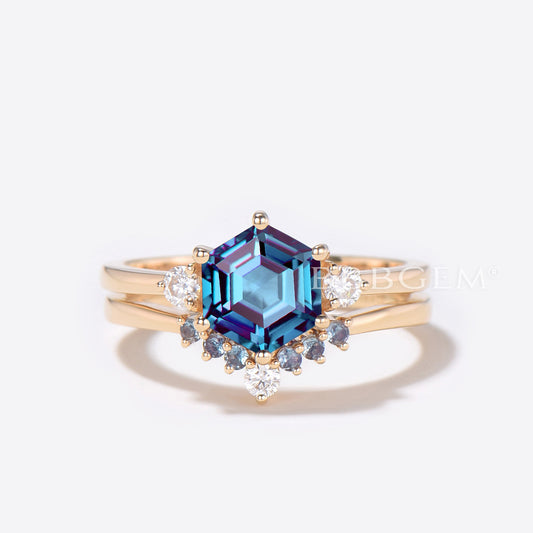 Hexagon Cut Alexandrite Engagement Ring 10k Gold 2pcs Bridal Set