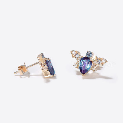 Pear Alexandrite Stud Earrings Moon Star Design Bat Earrings