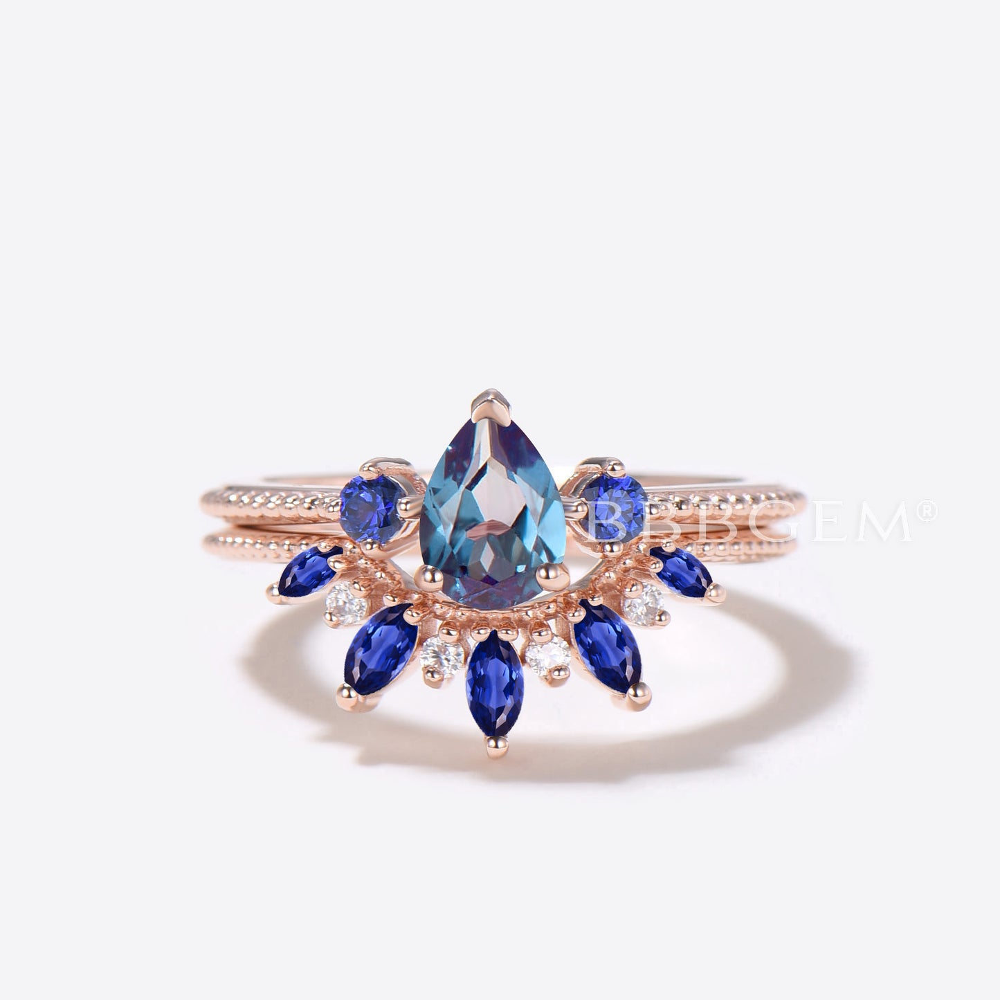 Pear Shaped Alexandrite Engagement Ring Blue Sapphire Cluster Ring