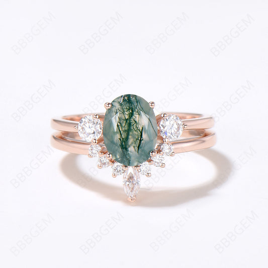 Moss Agate Engagement Ring Gold Cluster Bridal Set