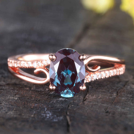 Alexandrite Engagement Ring,Split shank rose gold ring,diamond wedding band,unique engagement rings for women