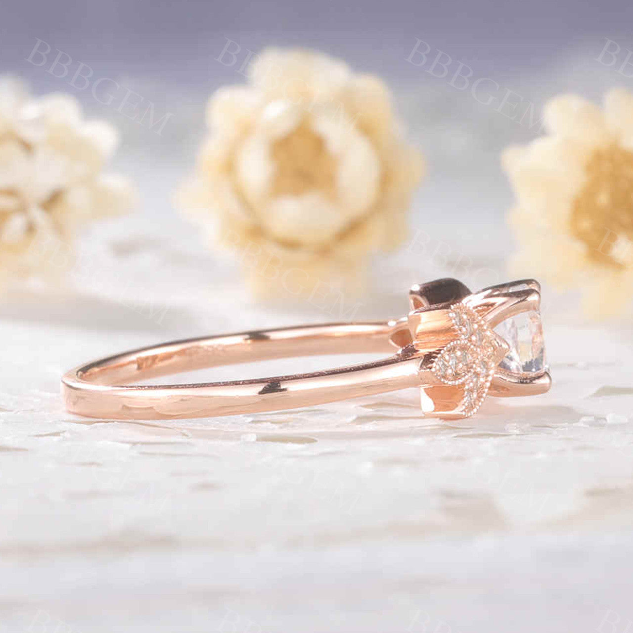 Rainbow Mooonstone Diamond Engagement Ring Rose Gold Unique Bridal Ring