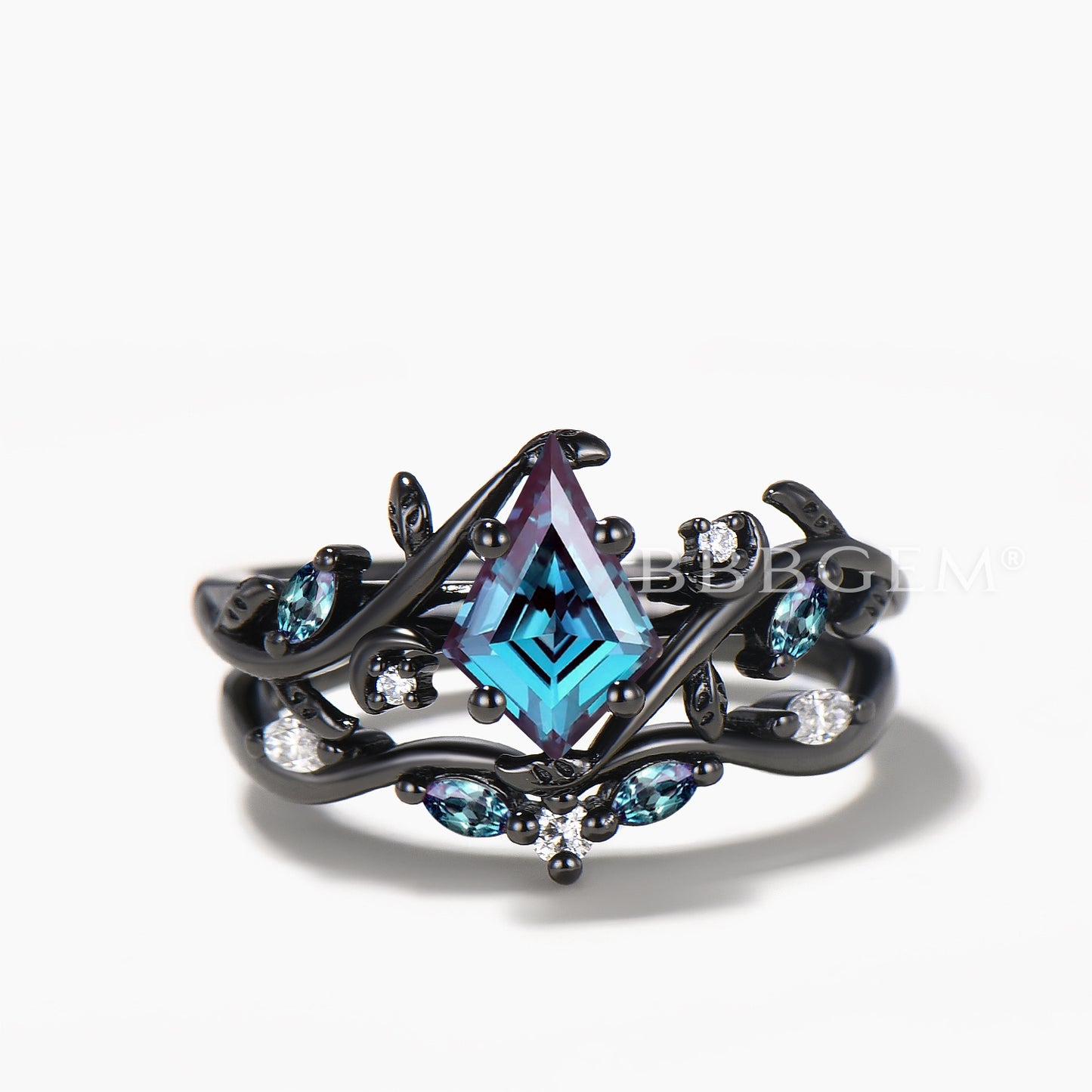 Kite Cut Color-change Alexandrite Wedding Ring Diamond Nature Inspired Ring Set