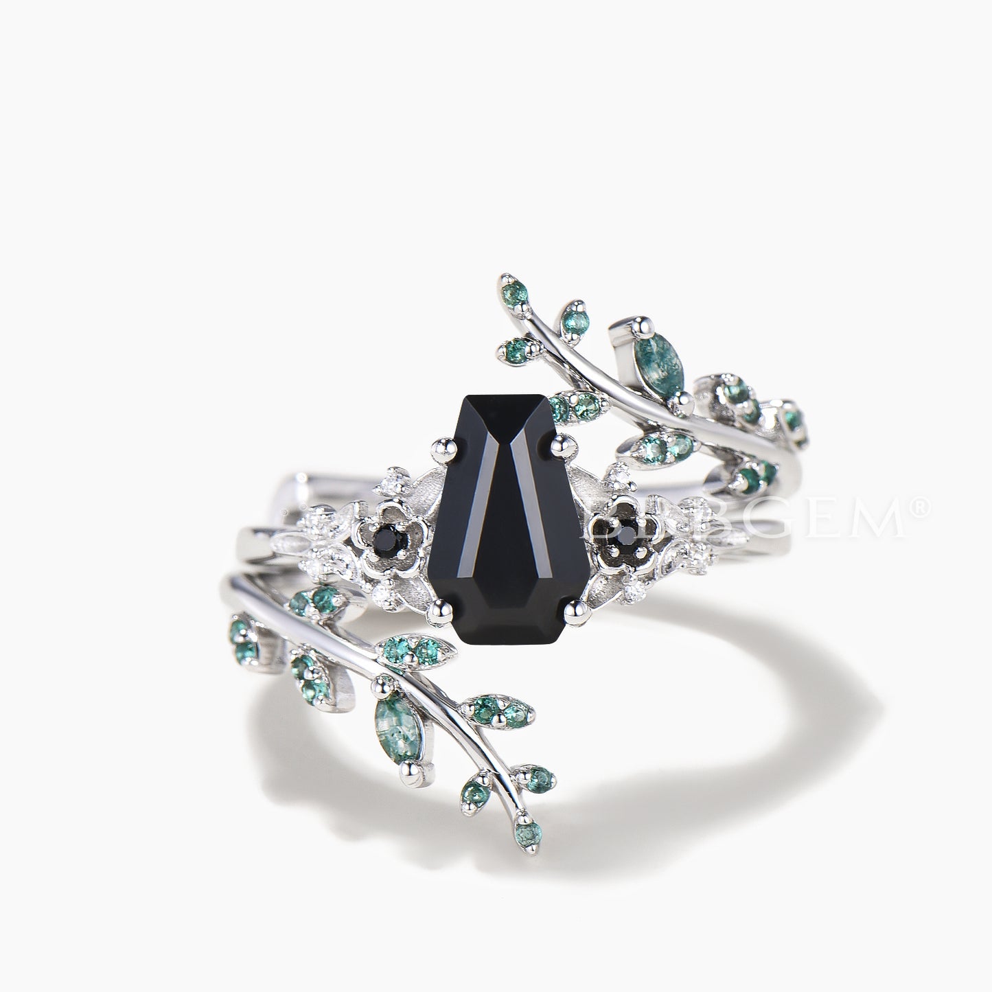 Nature Inspired Bridal Set Coffin Cut Black Onyx Flower Ring Moss Agate Twig Band