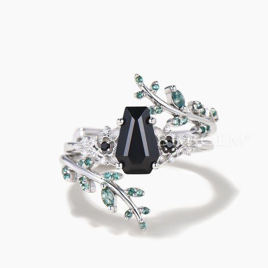 Nature Inspired Bridal Set Coffin Cut Black Onyx Flower Ring Moss Agate Twig Band