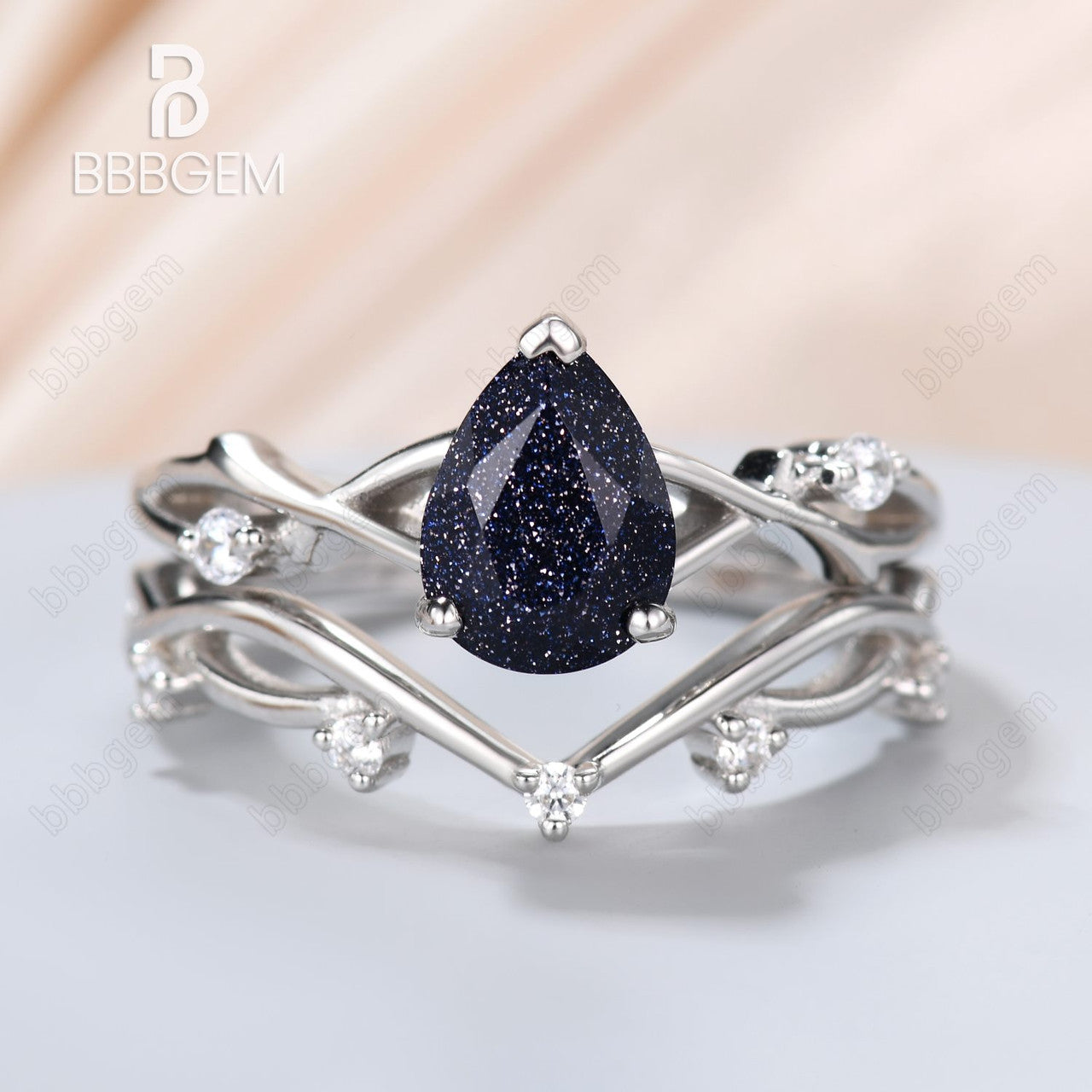 1.25ct Pear Twig Blue Sandstone Ring Set Nature Inspired-twig and vine jewelry-Nature Inspired Blue Sandstone Engagement Ring Vine