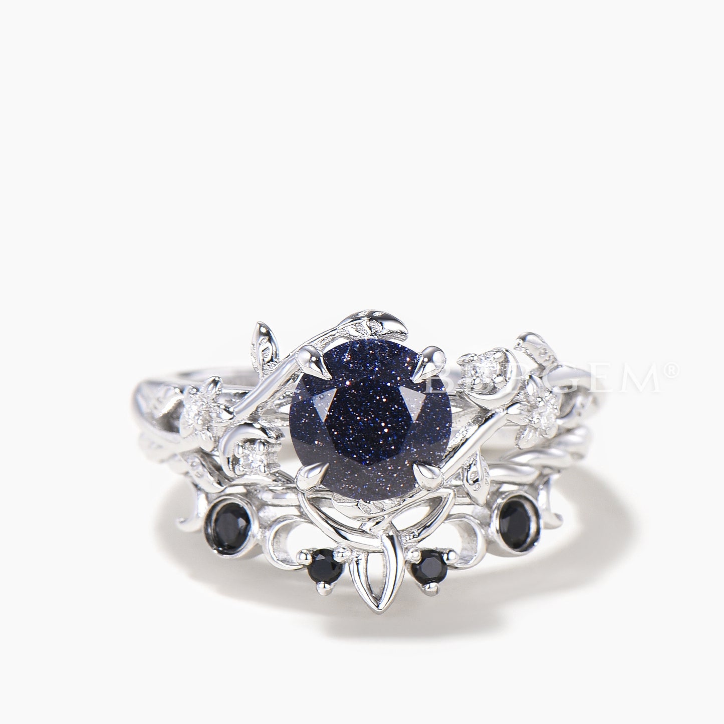 Round Cut Blue Sandstone leaf Wedding Ring Black Spinel Celtic Knot Ring Set