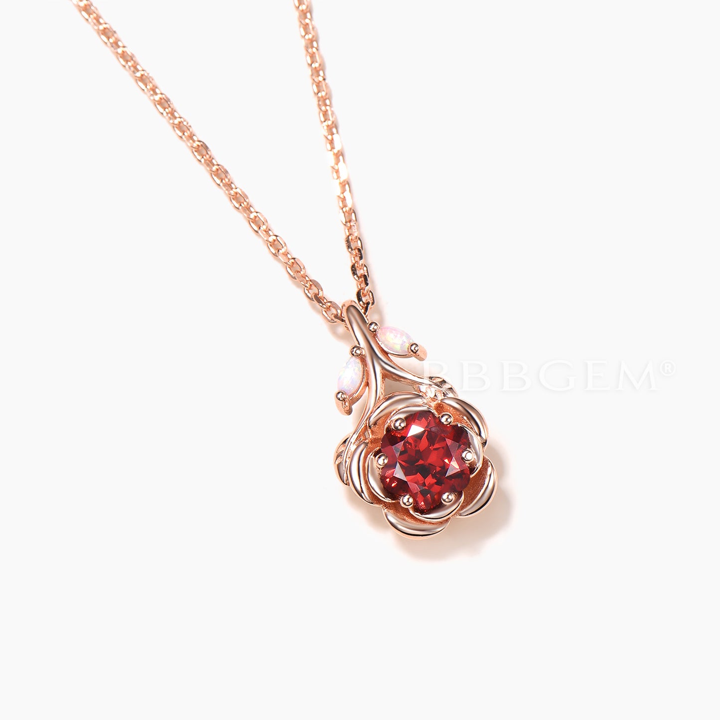 1.2CT Round Cut Ruby Floral Necklace Marquise White Opal Twig Pendant