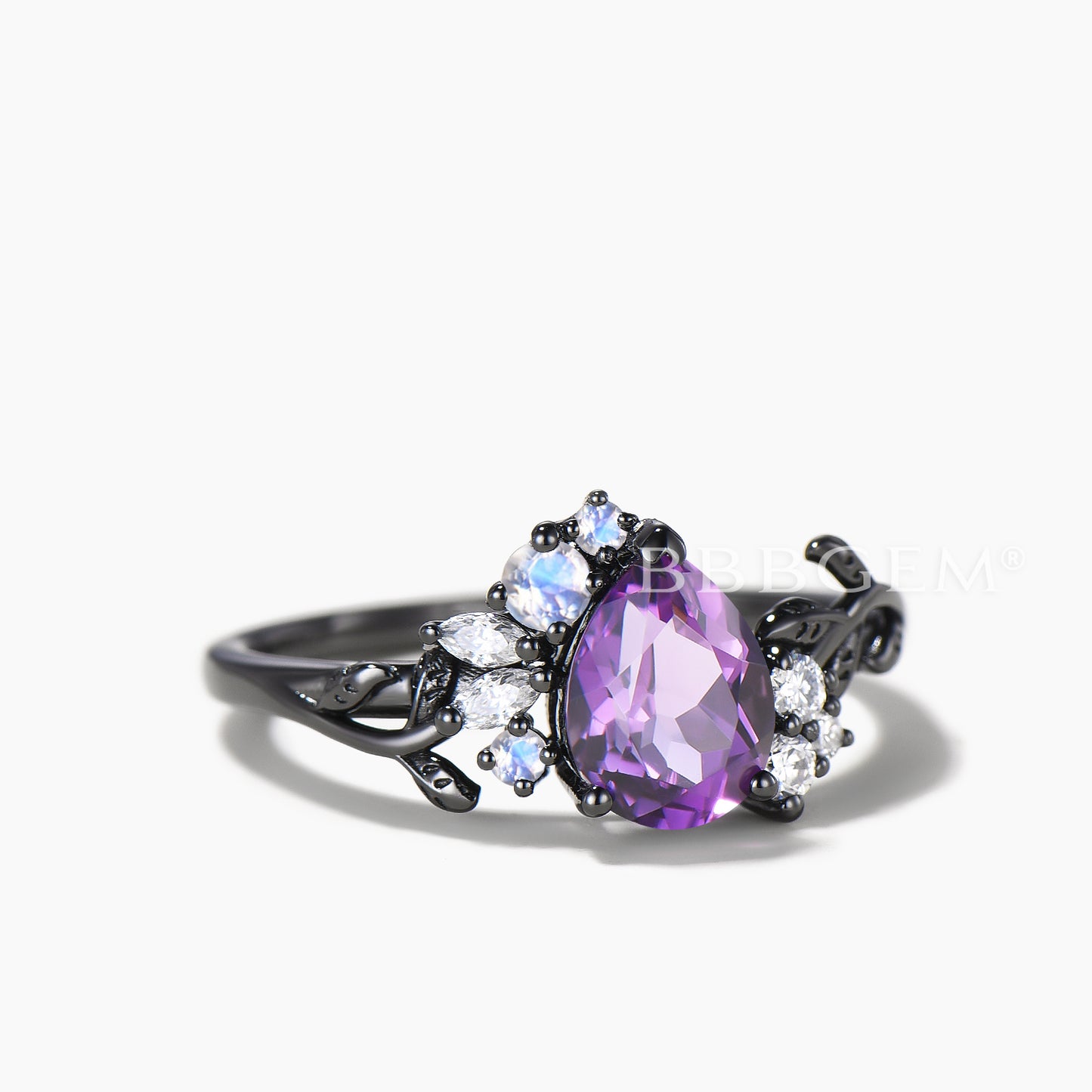 Pear Cut Natural Amethyst Engagement Ring Moonstone Moissanite Cluster Ring