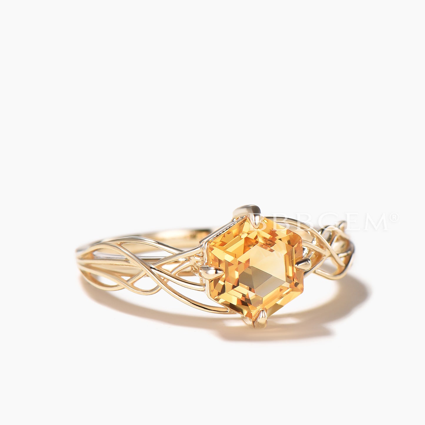 Hexagon Cut Natural Citrine Solitaire Engagement Ring Yellow Gold Twisted Ring