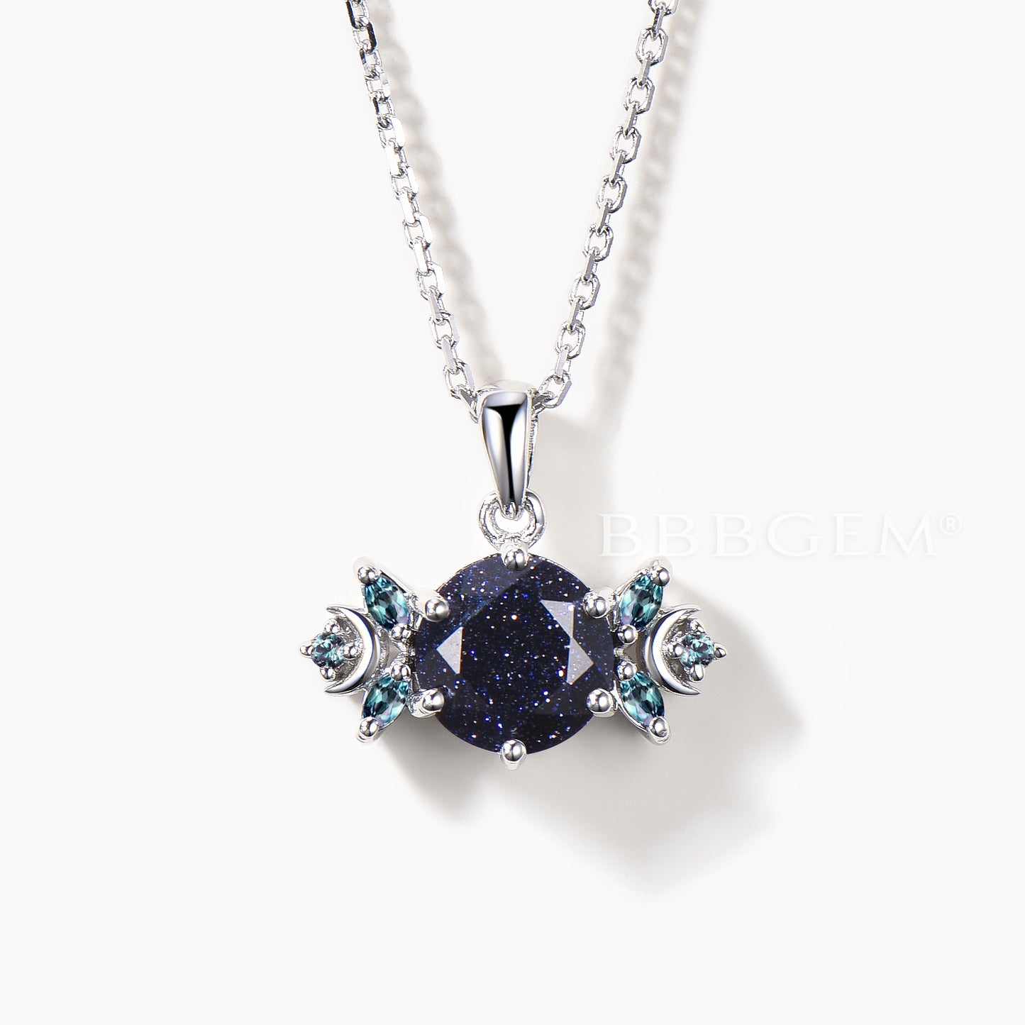Round Cut Blue Sandstone Moon Necklace Marquise Alexandrite Cluster Pendant
