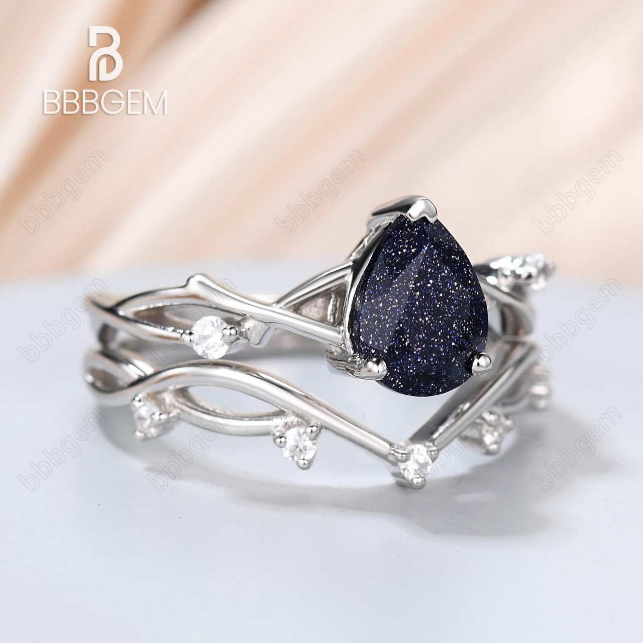 1.25ct Pear Twig Blue Sandstone Ring Set Nature Inspired-twig and vine jewelry-Nature Inspired Blue Sandstone Engagement Ring Vine