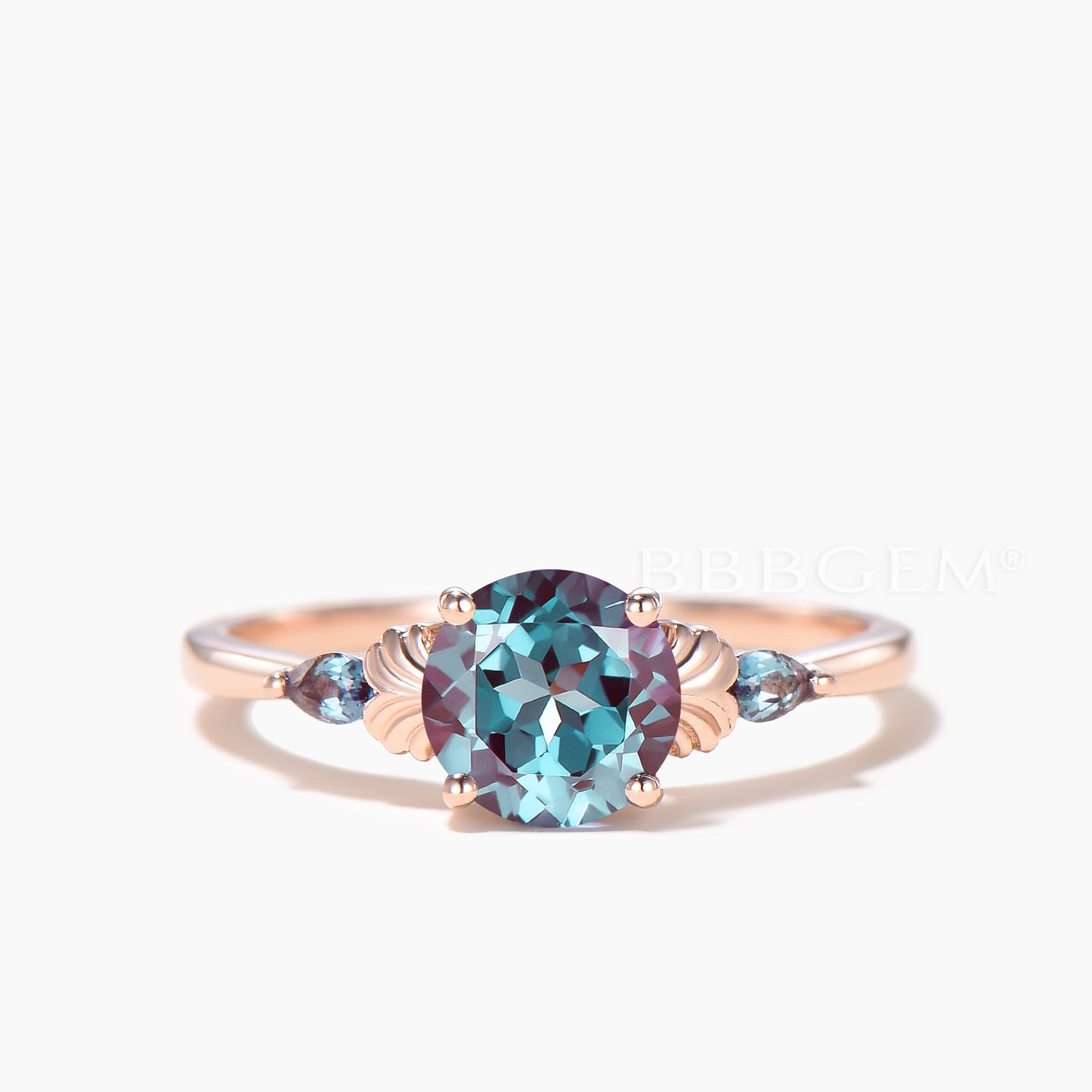 Round Cut Alexandrite Engagement Ring Color-change Gemstone Three Stone Ring