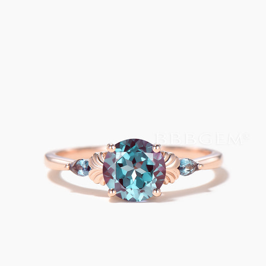 Round Cut Alexandrite Engagement Ring Color-change Gemstone Three Stone Ring