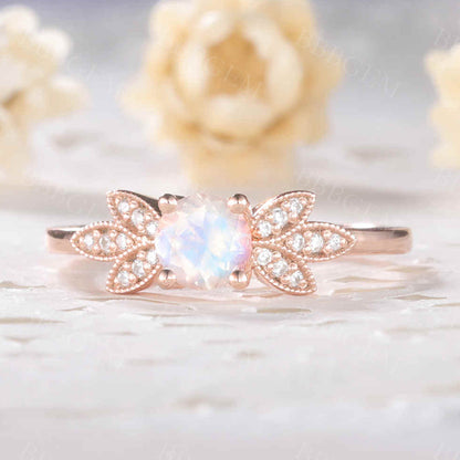 Rainbow Mooonstone Diamond Engagement Ring Rose Gold Unique Bridal Ring