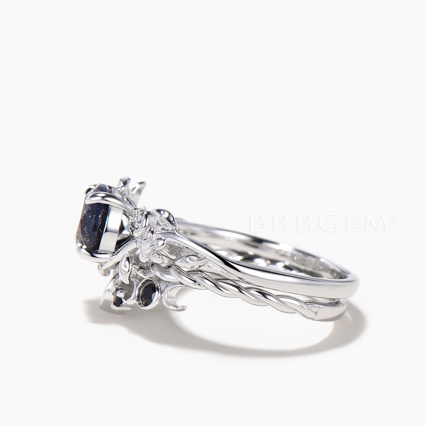 Round Cut Blue Sandstone leaf Wedding Ring Black Spinel Celtic Knot Ring Set