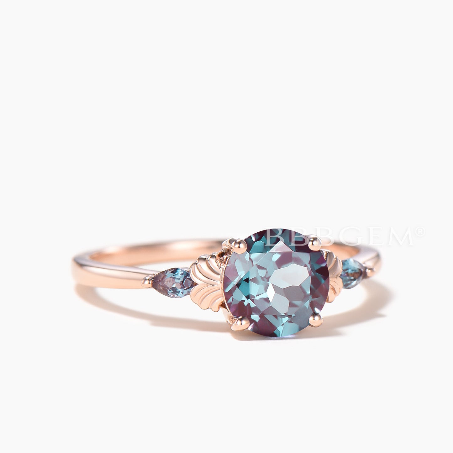 Round Cut Alexandrite Engagement Ring Color-change Gemstone Three Stone Ring