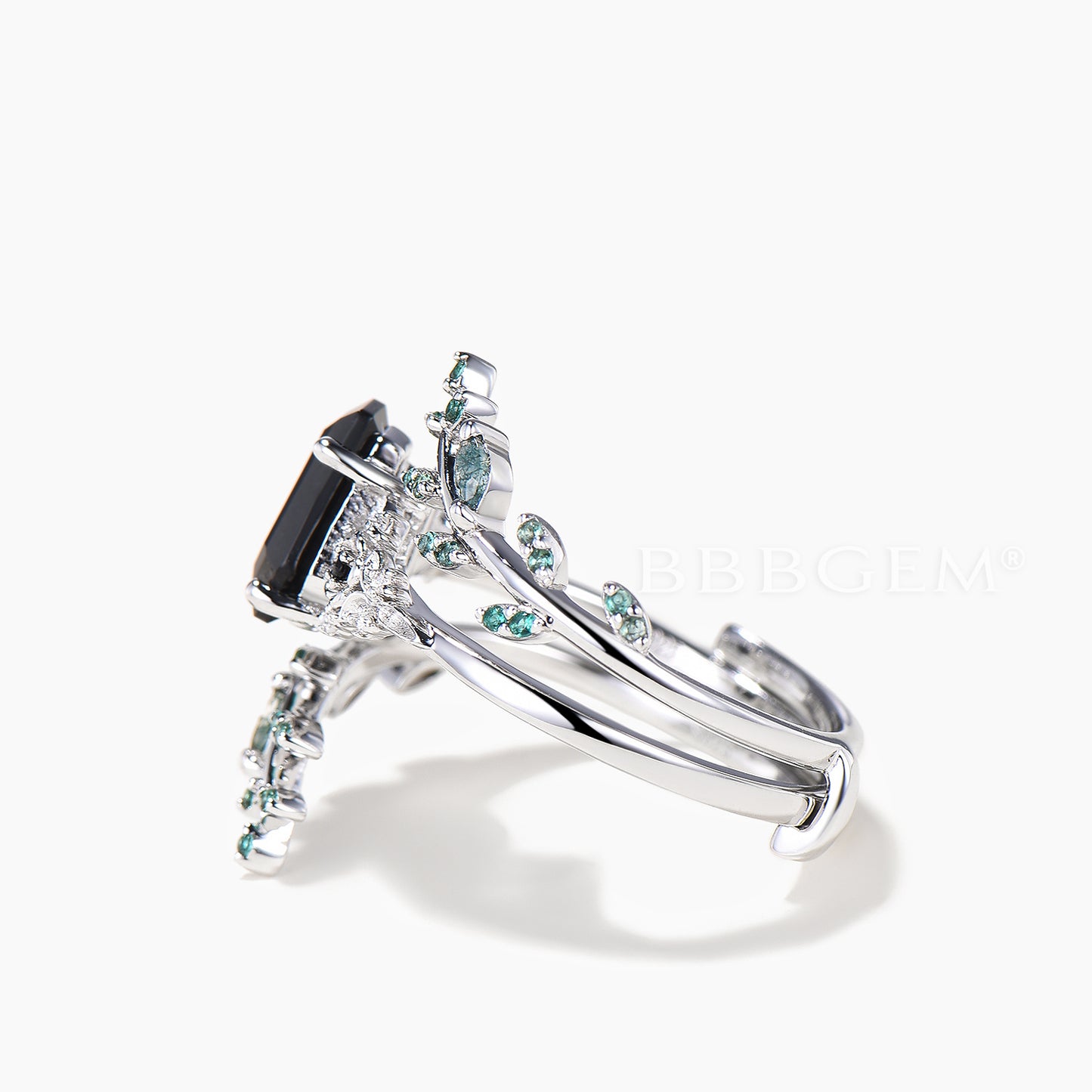 Nature Inspired Bridal Set Coffin Cut Black Onyx Flower Ring Moss Agate Twig Band
