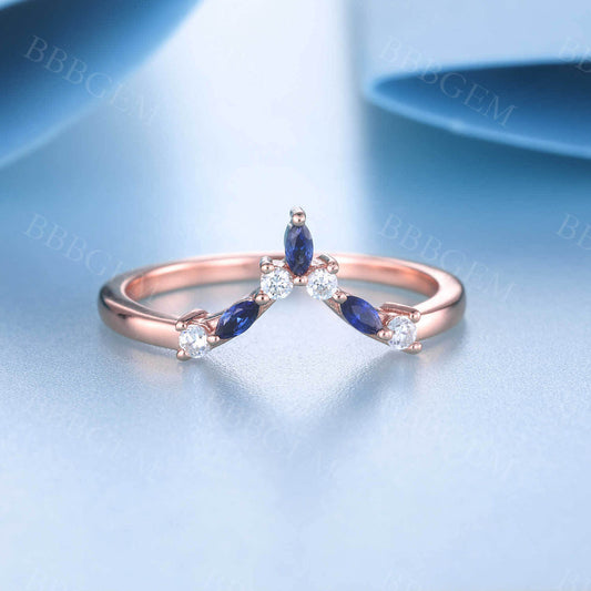 Blue Sapphire Diamond Wedding Band Dainty Curve Stacking Ring