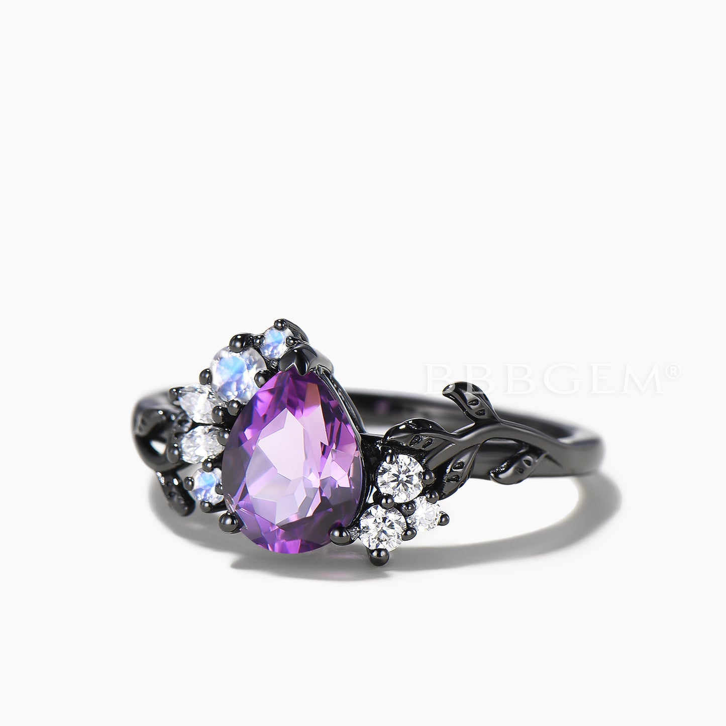 Pear Cut Natural Amethyst Engagement Ring Moonstone Moissanite Cluster Ring
