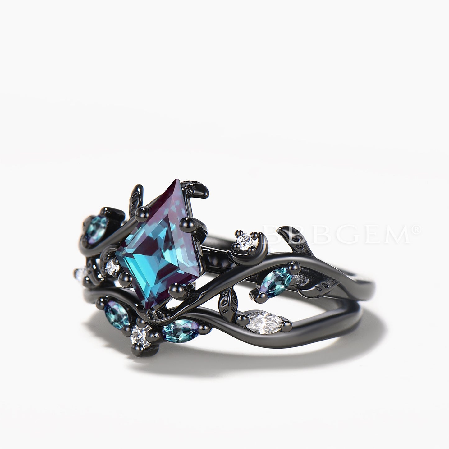 Kite Cut Color-change Alexandrite Wedding Ring Diamond Nature Inspired Ring Set