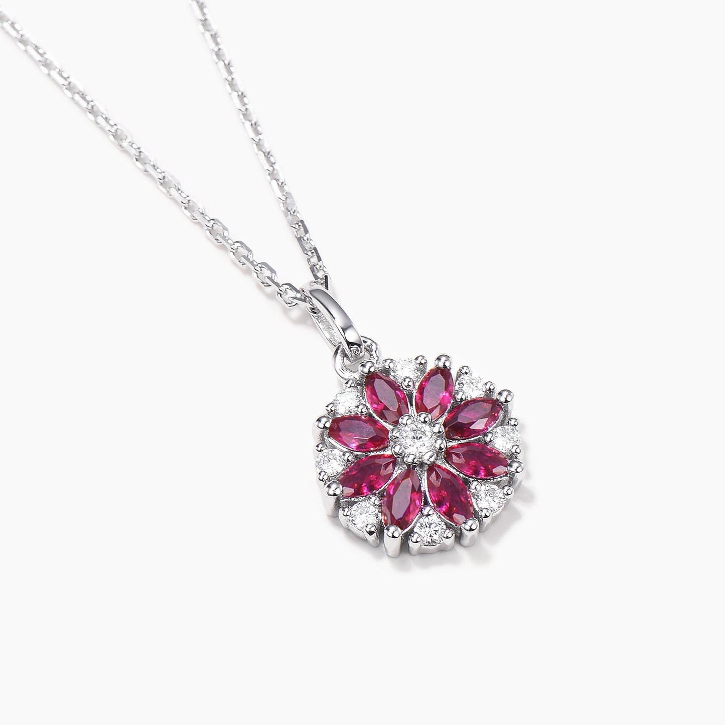 Marquise Cut Ruby Wedding Necklace Diamond Cluster Floral White Gold Pendant