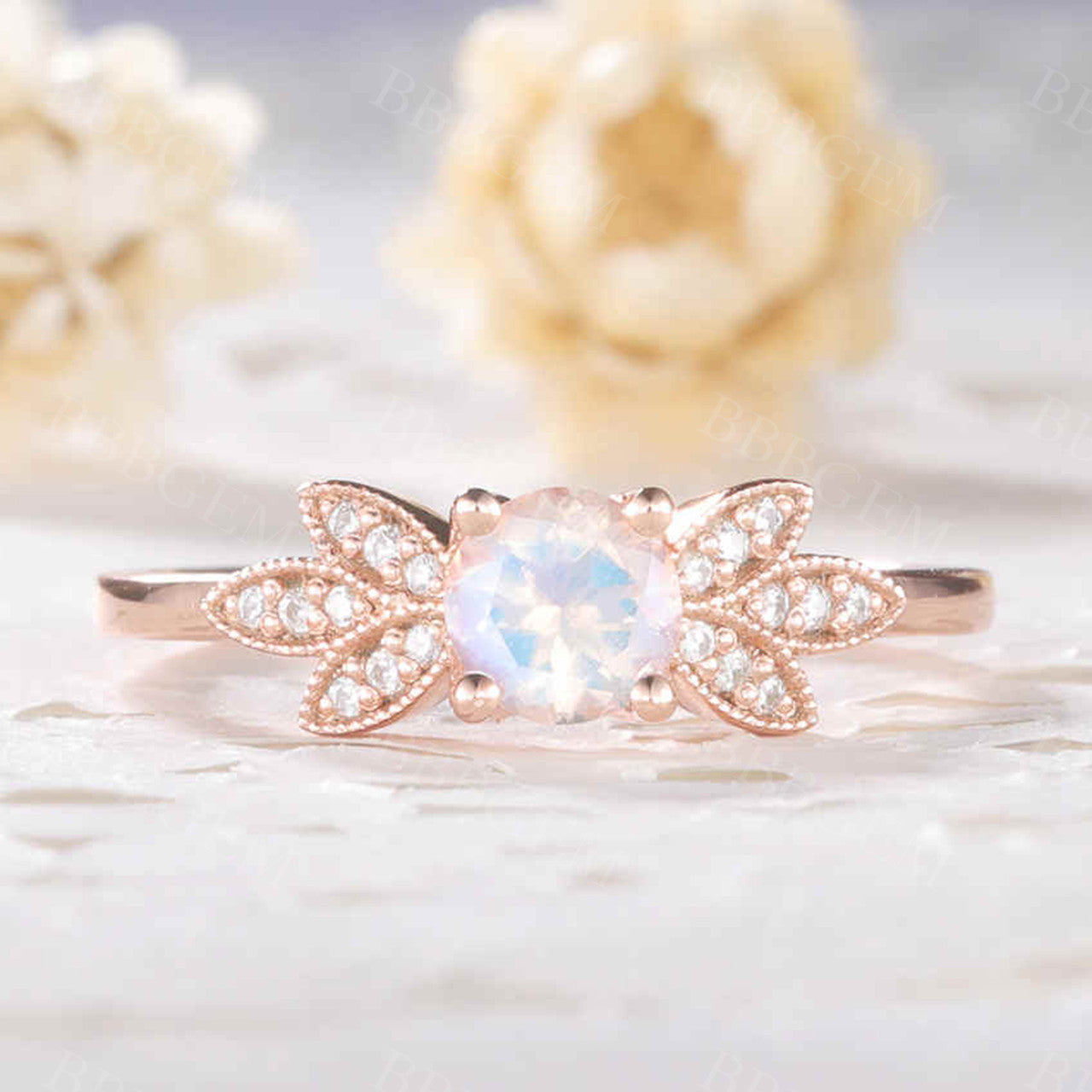 Rainbow Mooonstone Diamond Engagement Ring Rose Gold Unique Bridal Ring