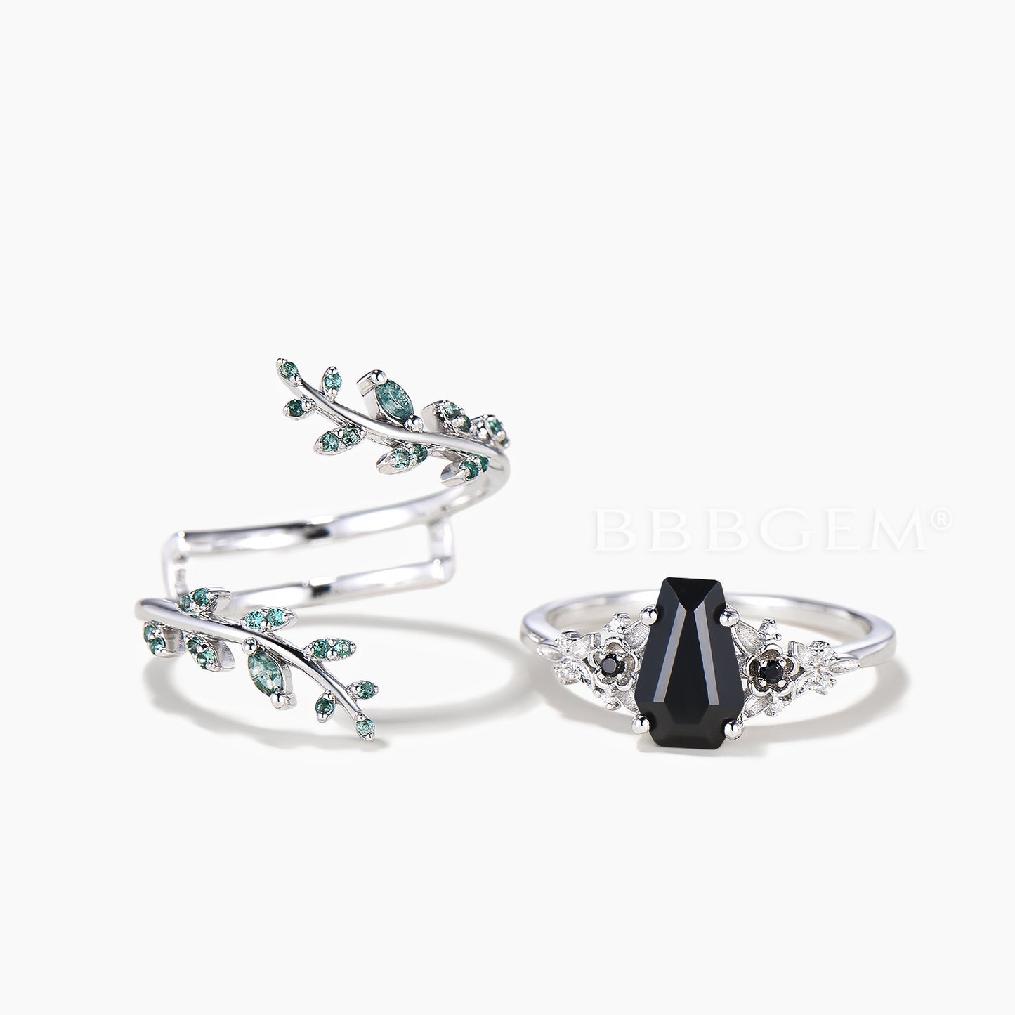 Nature Inspired Bridal Set Coffin Cut Black Onyx Flower Ring Moss Agate Twig Band