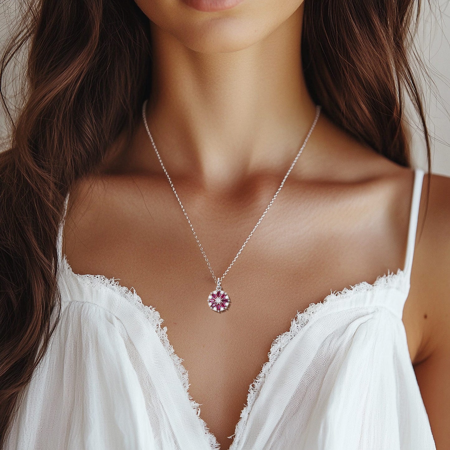 Marquise Cut Ruby Wedding Necklace Diamond Cluster Floral White Gold Pendant