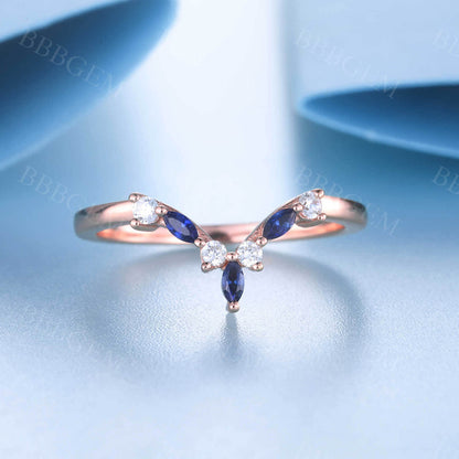 Blue Sapphire Diamond Wedding Band Dainty Curve Stacking Ring