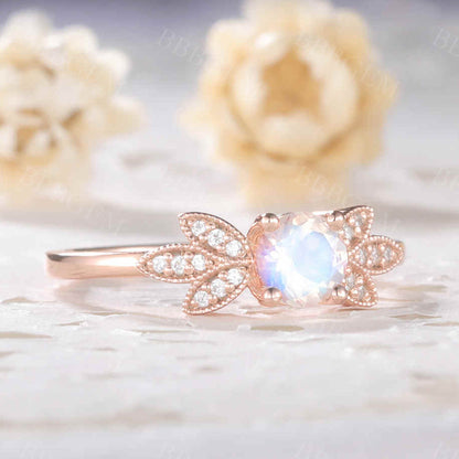 Rainbow Mooonstone Diamond Engagement Ring Rose Gold Unique Bridal Ring