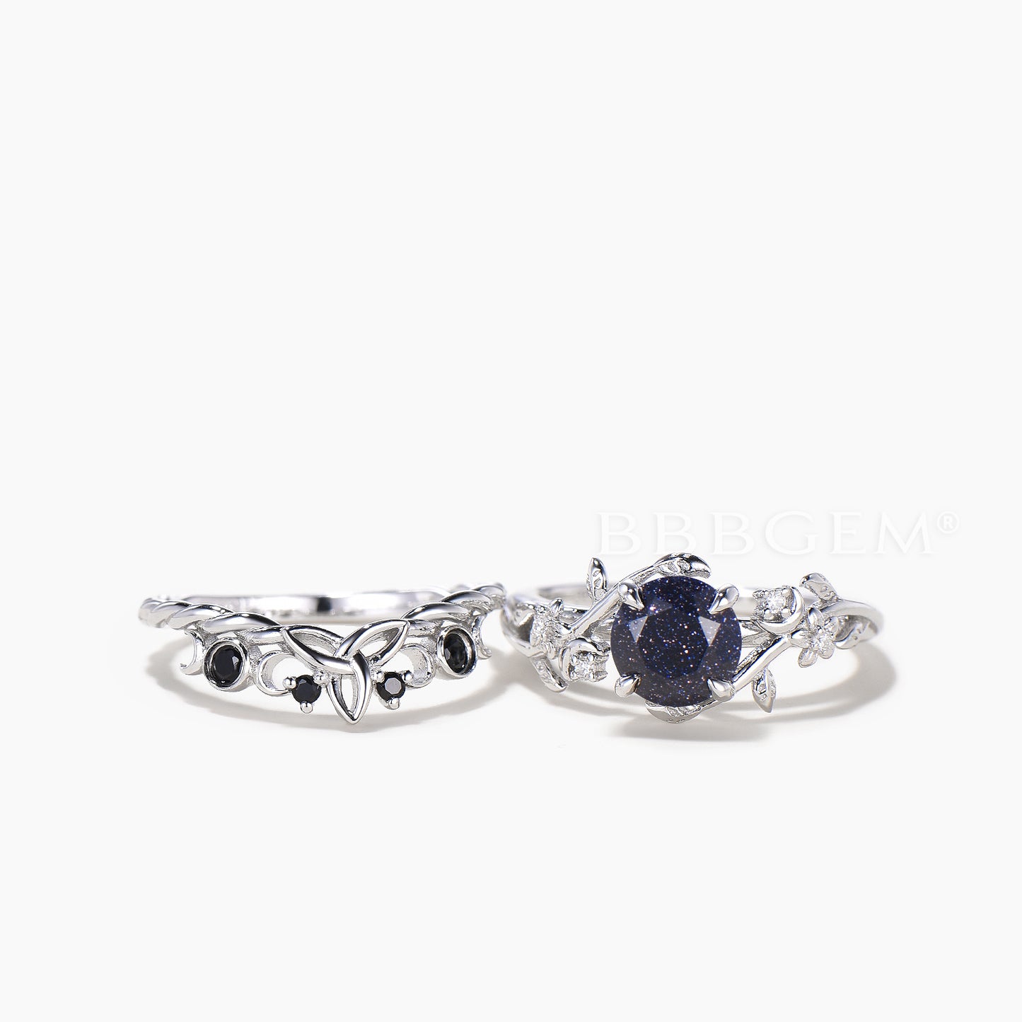Round Cut Blue Sandstone leaf Wedding Ring Black Spinel Celtic Knot Ring Set