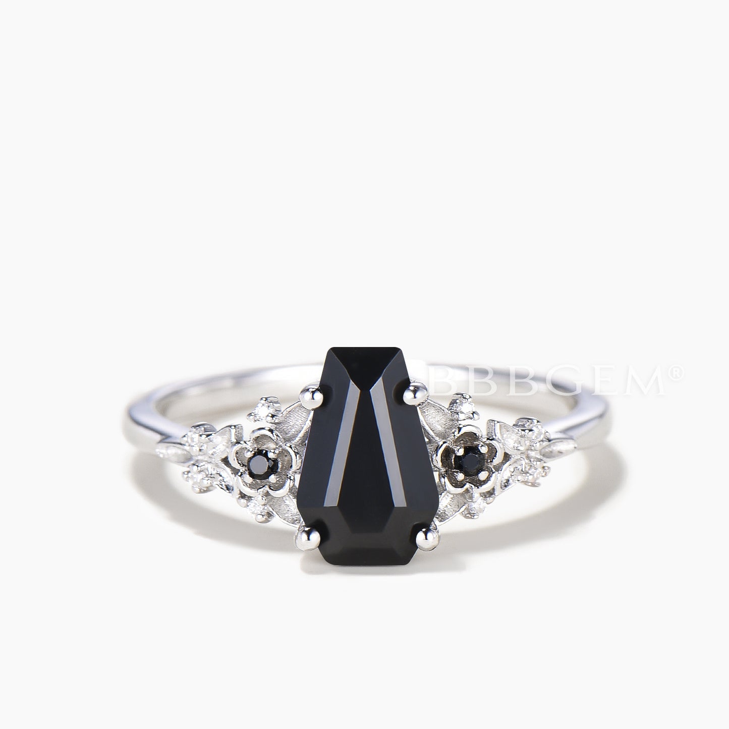 Nature Inspired Bridal Set Coffin Cut Black Onyx Flower Ring Moss Agate Twig Band