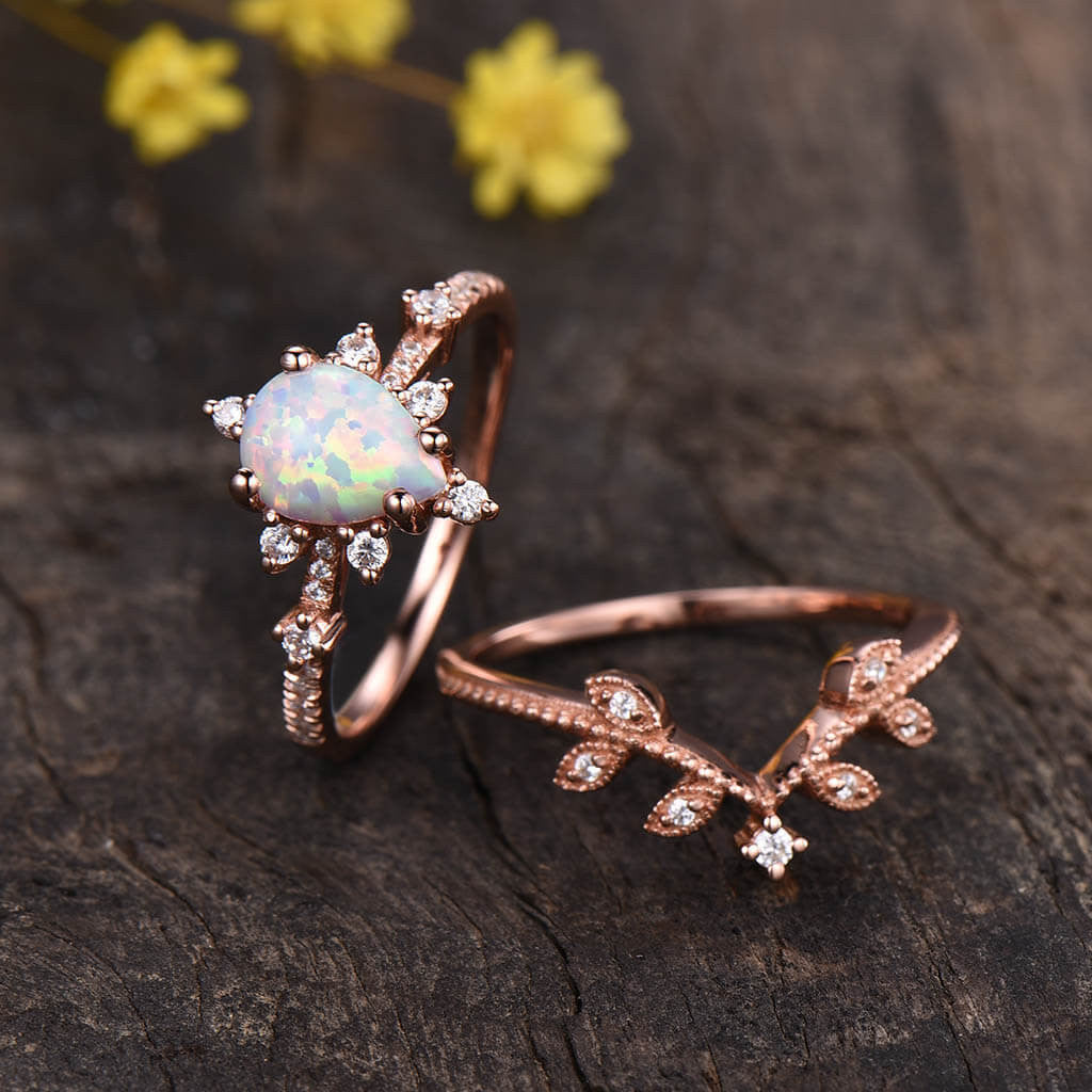 Art Deco Opal Engagement Ring Set-BBBGEM Opal Engagement Rings Rose Gold