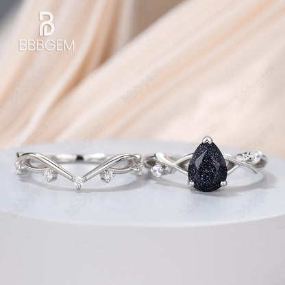 1.25ct Pear Twig Blue Sandstone Ring Set Nature Inspired-twig and vine jewelry-Nature Inspired Blue Sandstone Engagement Ring Vine