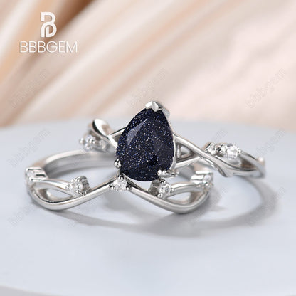 1.25ct Pear Twig Blue Sandstone Ring Set Nature Inspired-twig and vine jewelry-Nature Inspired Blue Sandstone Engagement Ring Vine