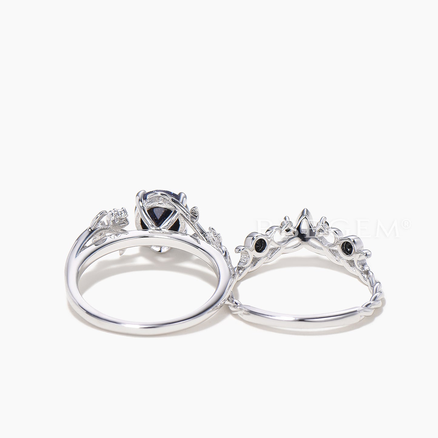 Round Cut Blue Sandstone leaf Wedding Ring Black Spinel Celtic Knot Ring Set