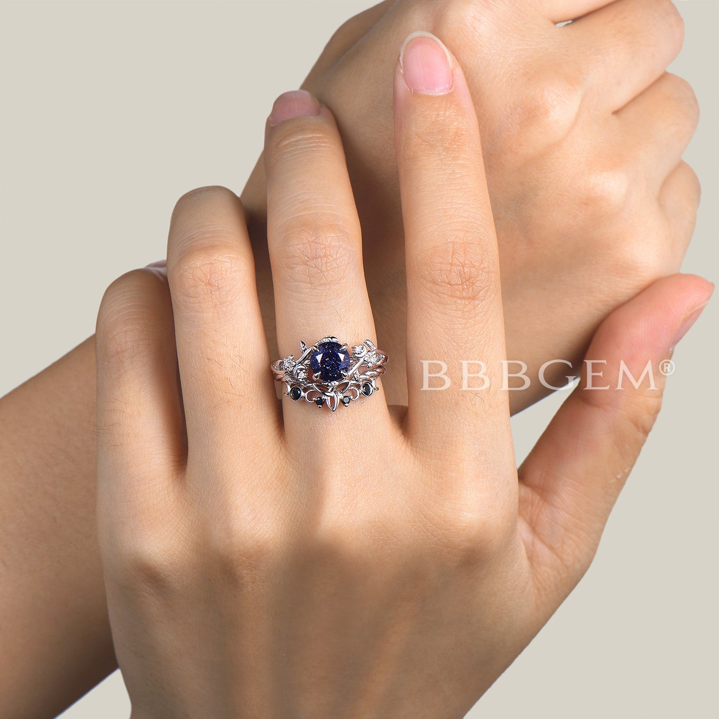 Round Cut Blue Sandstone leaf Wedding Ring Black Spinel Celtic Knot Ring Set