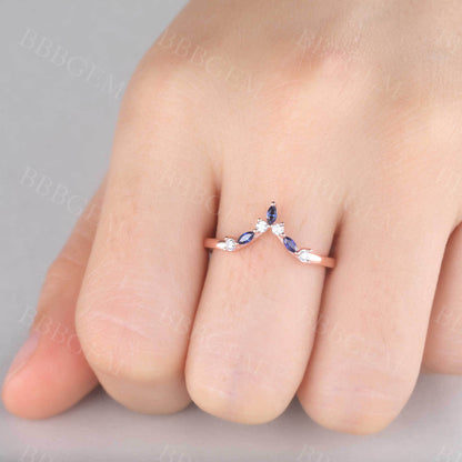 Blue Sapphire Diamond Wedding Band Dainty Curve Stacking Ring