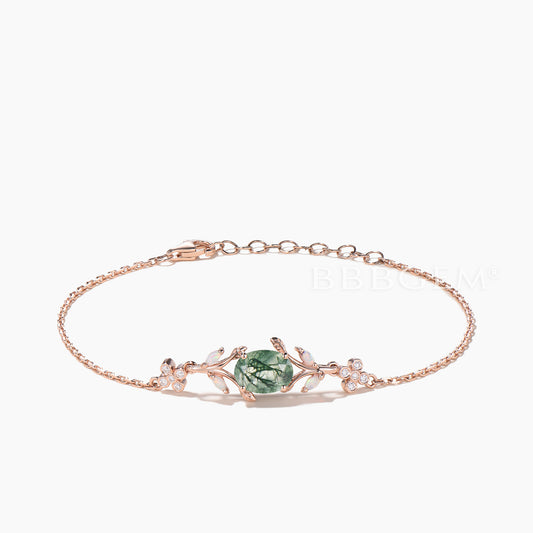 1.5CT Oval Cut Natural Moss Agate Bracelet Opal Branch Rose Gold Bracelet