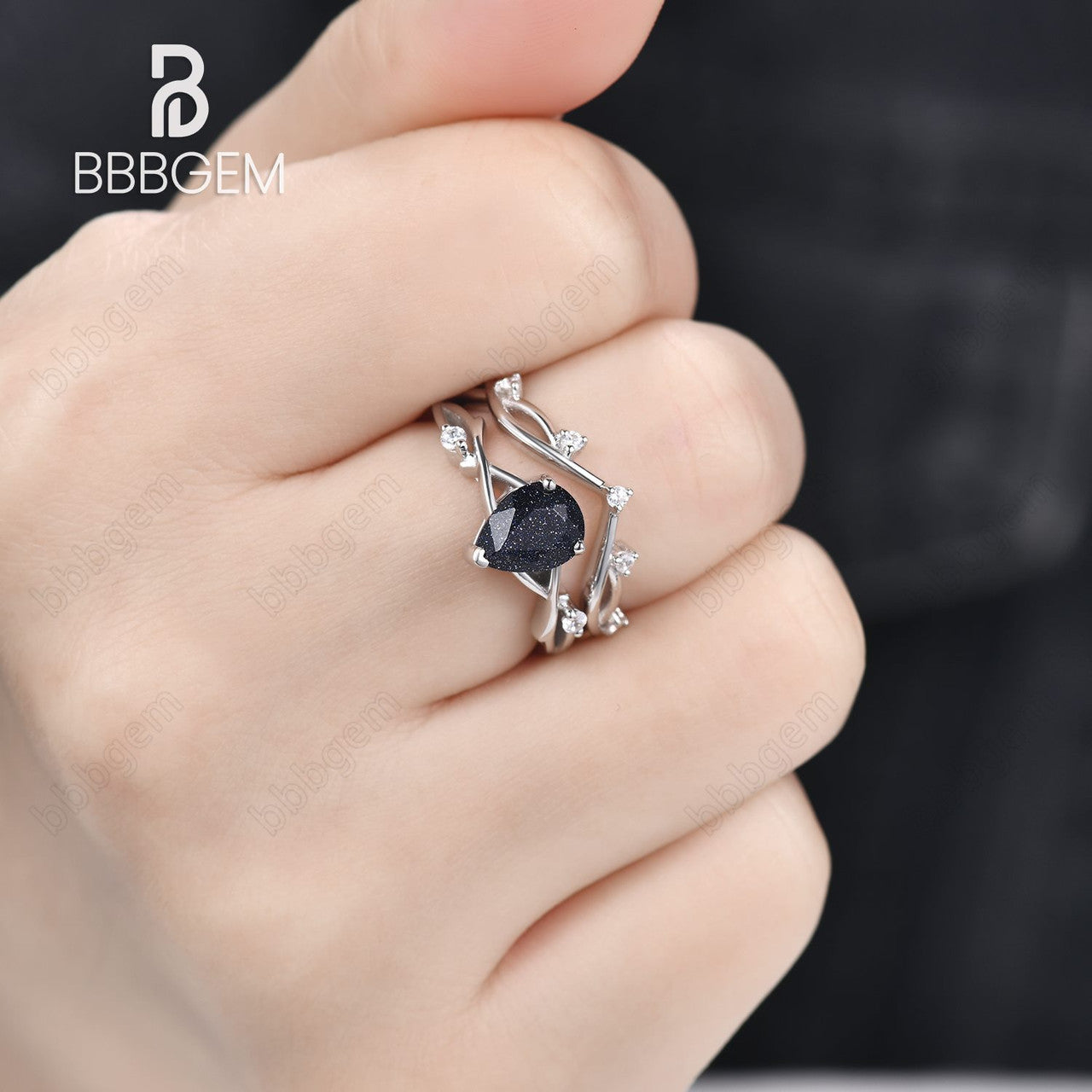 1.25ct Pear Twig Blue Sandstone Ring Set Nature Inspired-twig and vine jewelry-Nature Inspired Blue Sandstone Engagement Ring Vine