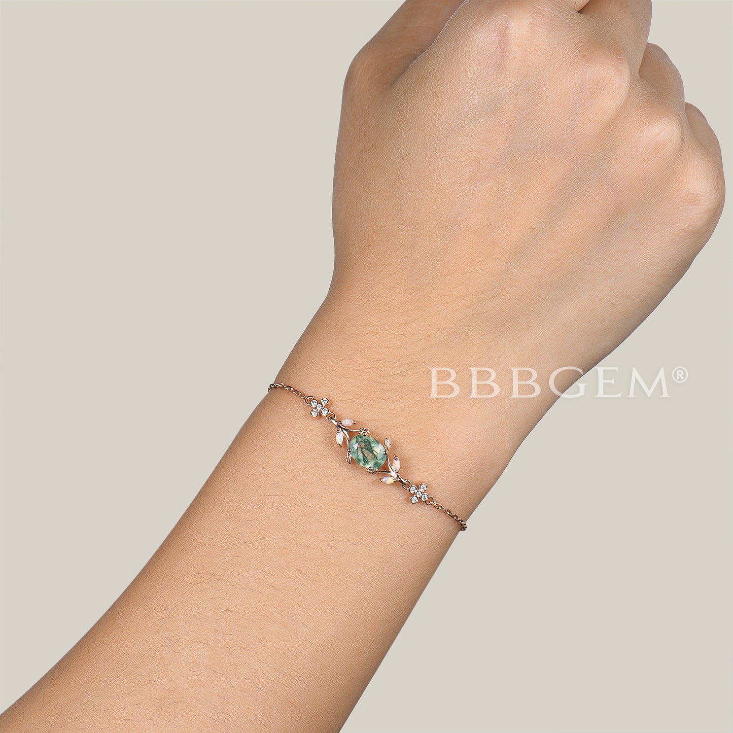1.5CT Oval Cut Natural Moss Agate Bracelet Opal Branch Rose Gold Bracelet