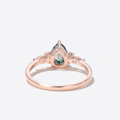 14k Rose Gold Teardrop Moss Agate Engagament Ring Seven Stone Diamond Ring