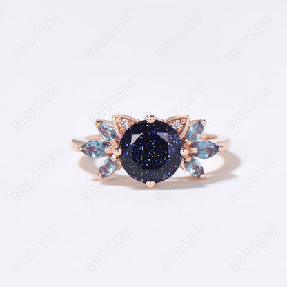 Cat Engagement Ring 7mm Round Blue Sandstone Engagement Ring Alexandrite Cluster Wedding Ring Unique Kitten Blue Goldstone Ring Gift For Cat Lover