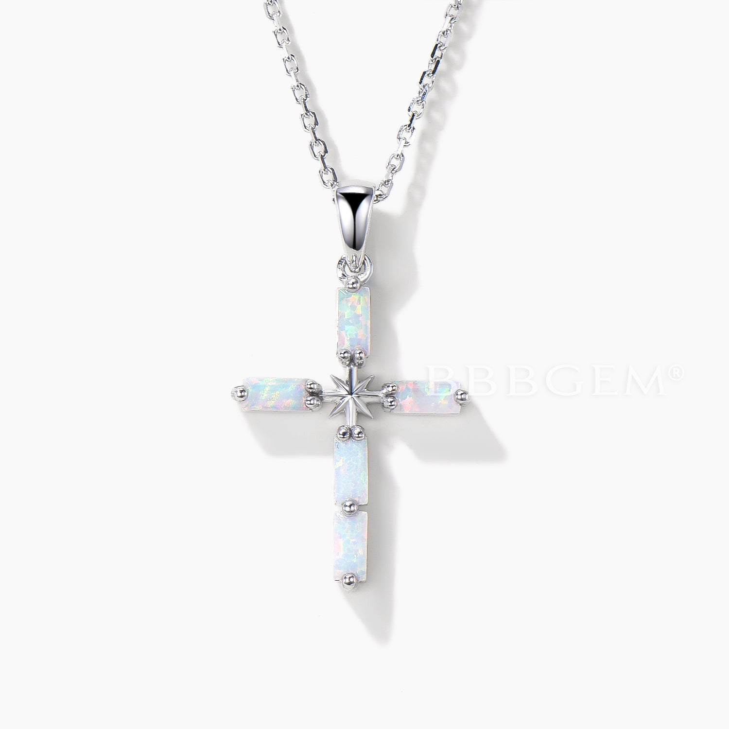 Baguette Cut White Opal Cross Necklace White Gold Starburst 5